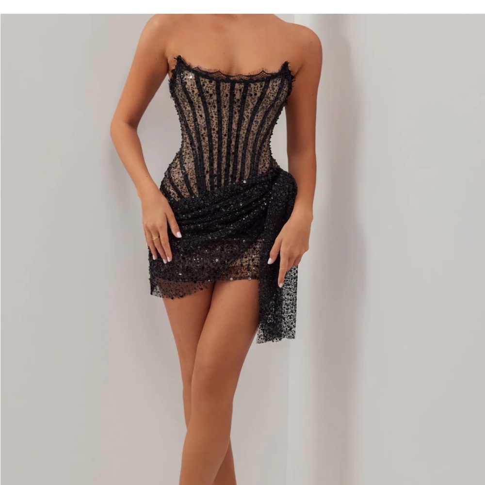 COPY - BLACK SEQUIN CORSET DRAPED STRAPLESS MINI DRESS